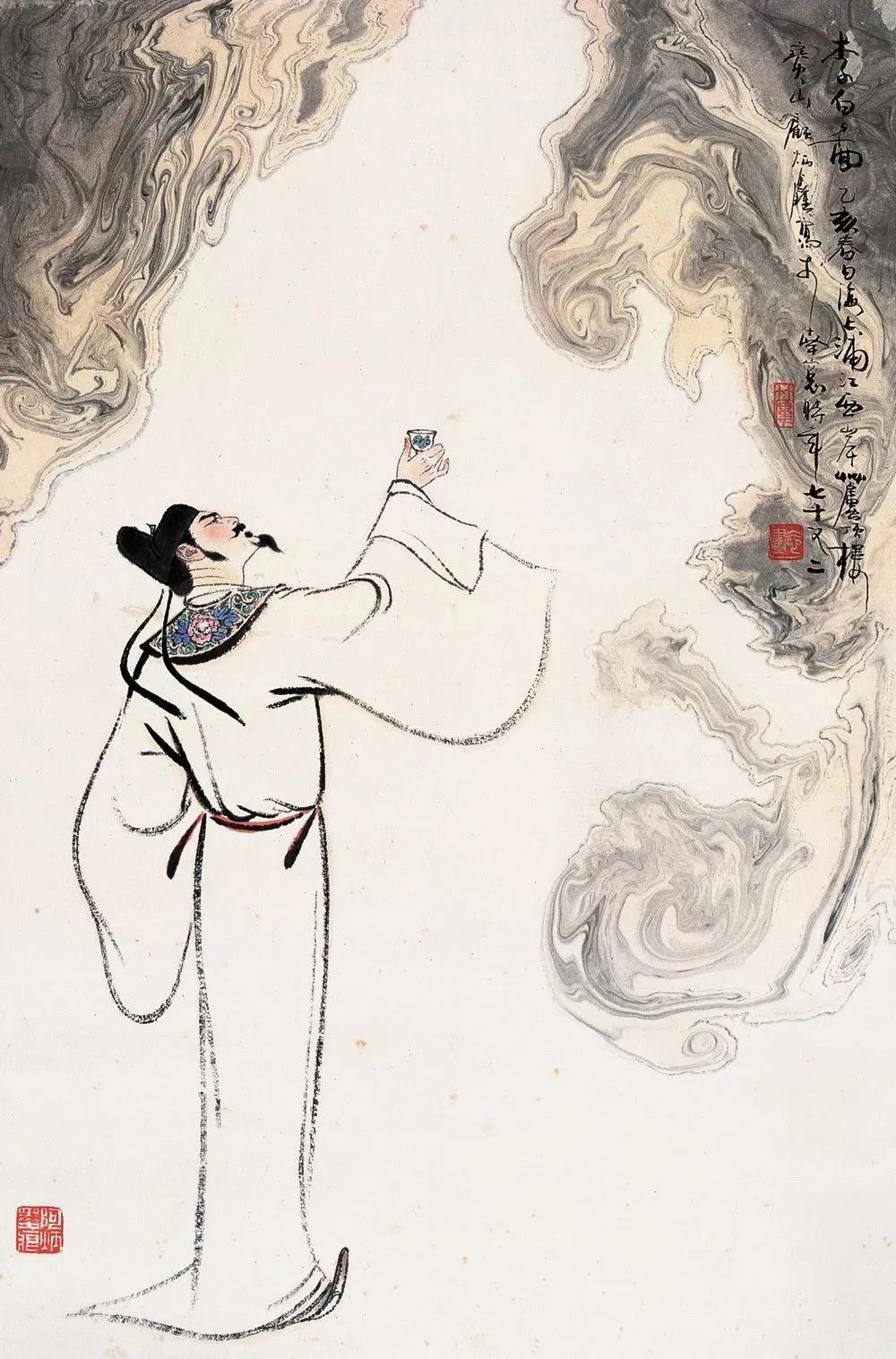 ▲“詩仙”李白勸自己喝酒：“舉杯邀明月，對(duì)飲成三人”。（圖片來源：三聯(lián)生活周刊）